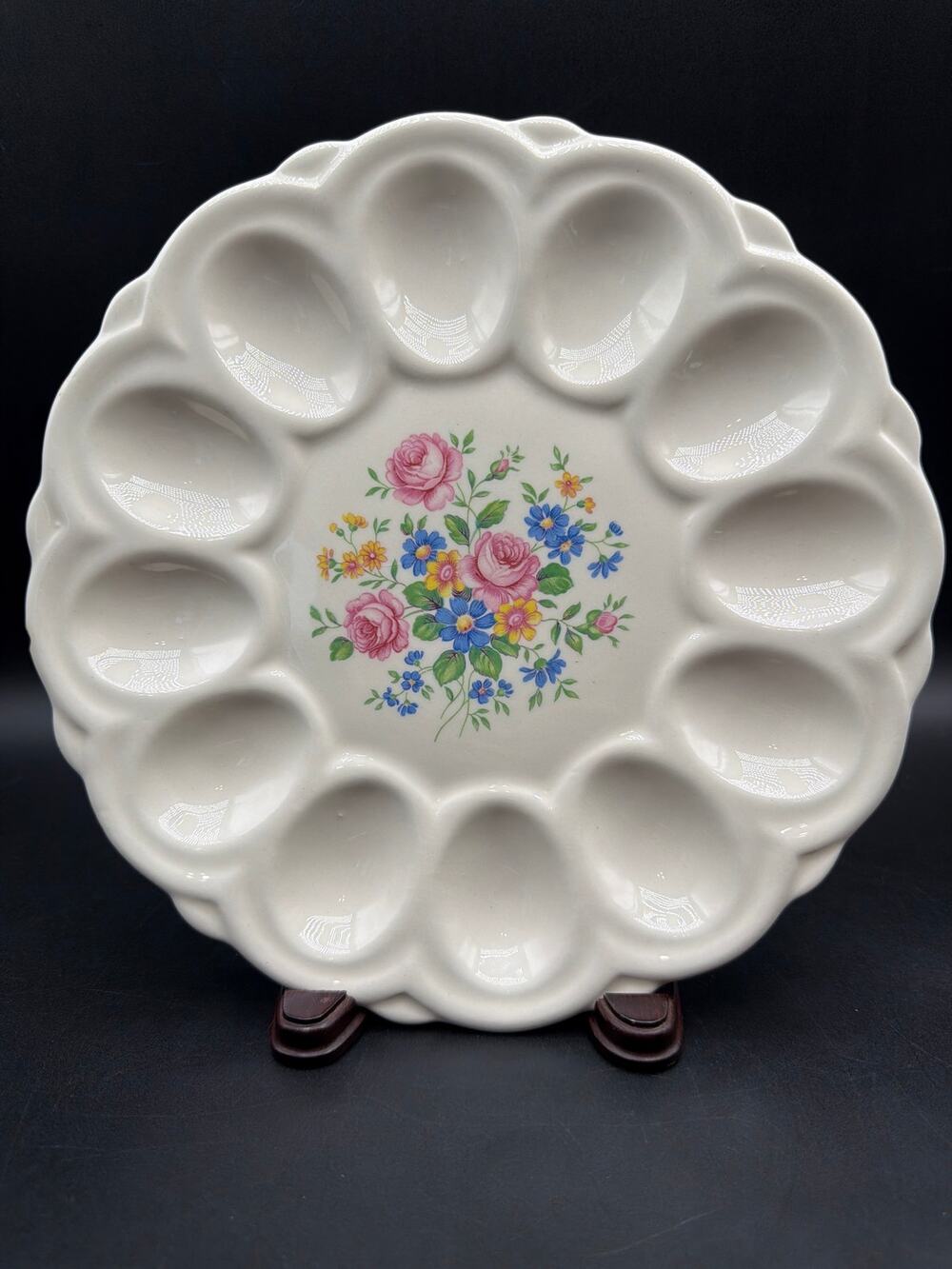 Vintage E&R American Artware Egg Plate Floral Scalloped Ceramic Egg Platter